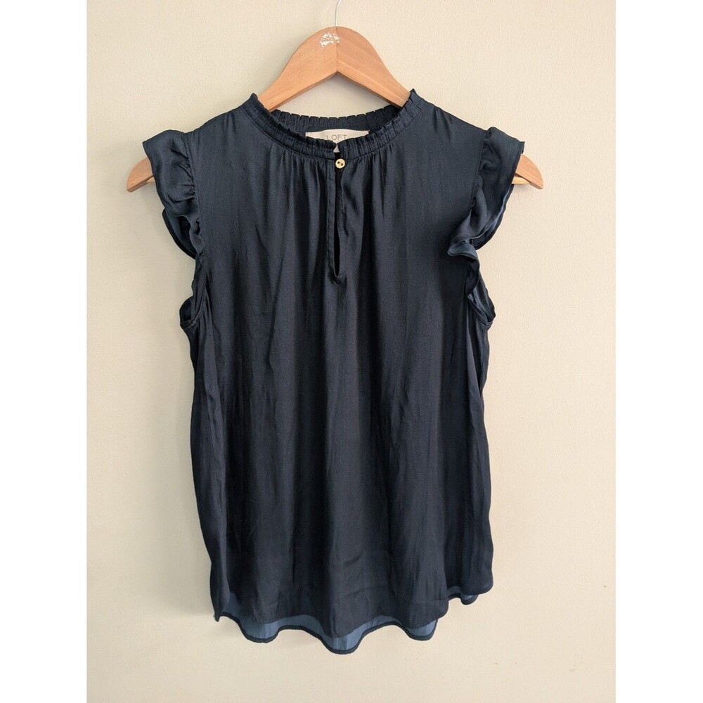 LOFT Navy Satin Ruffle Sleeveless Blouse Size XS
